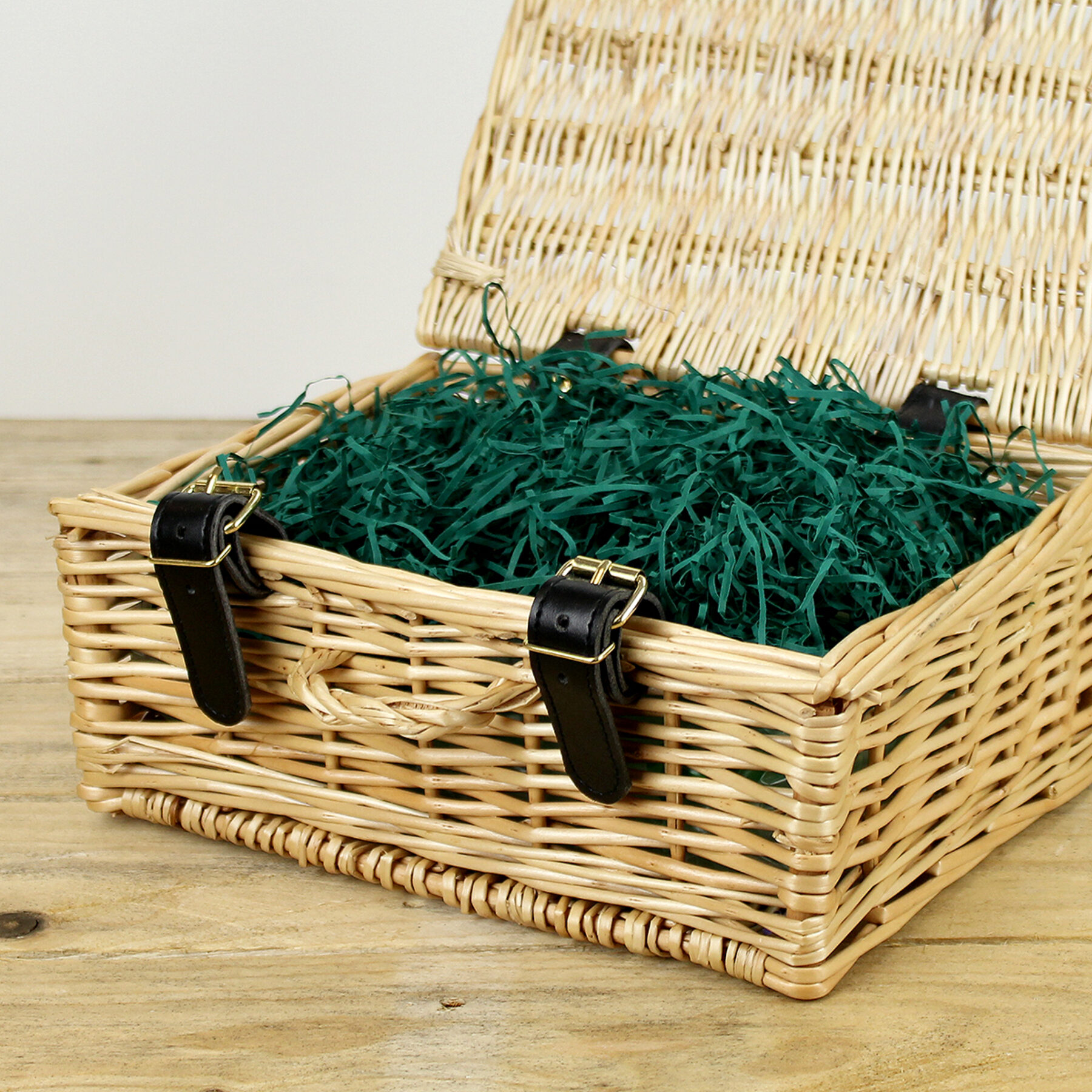 Natural Wicker Hamper Basket - Open with green shred