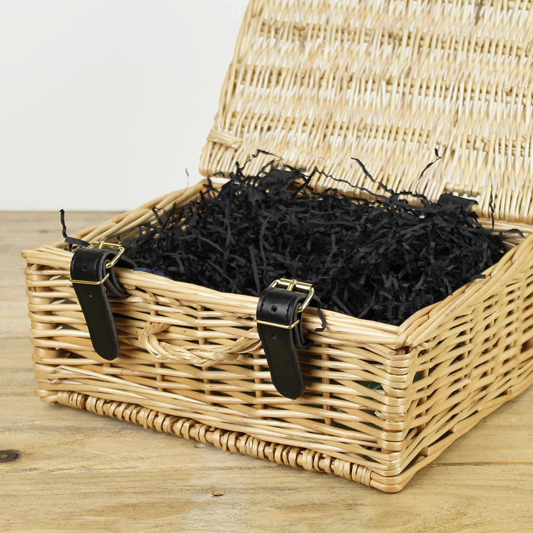 Natural Wicker Hamper Basket - Open with black shredded paper