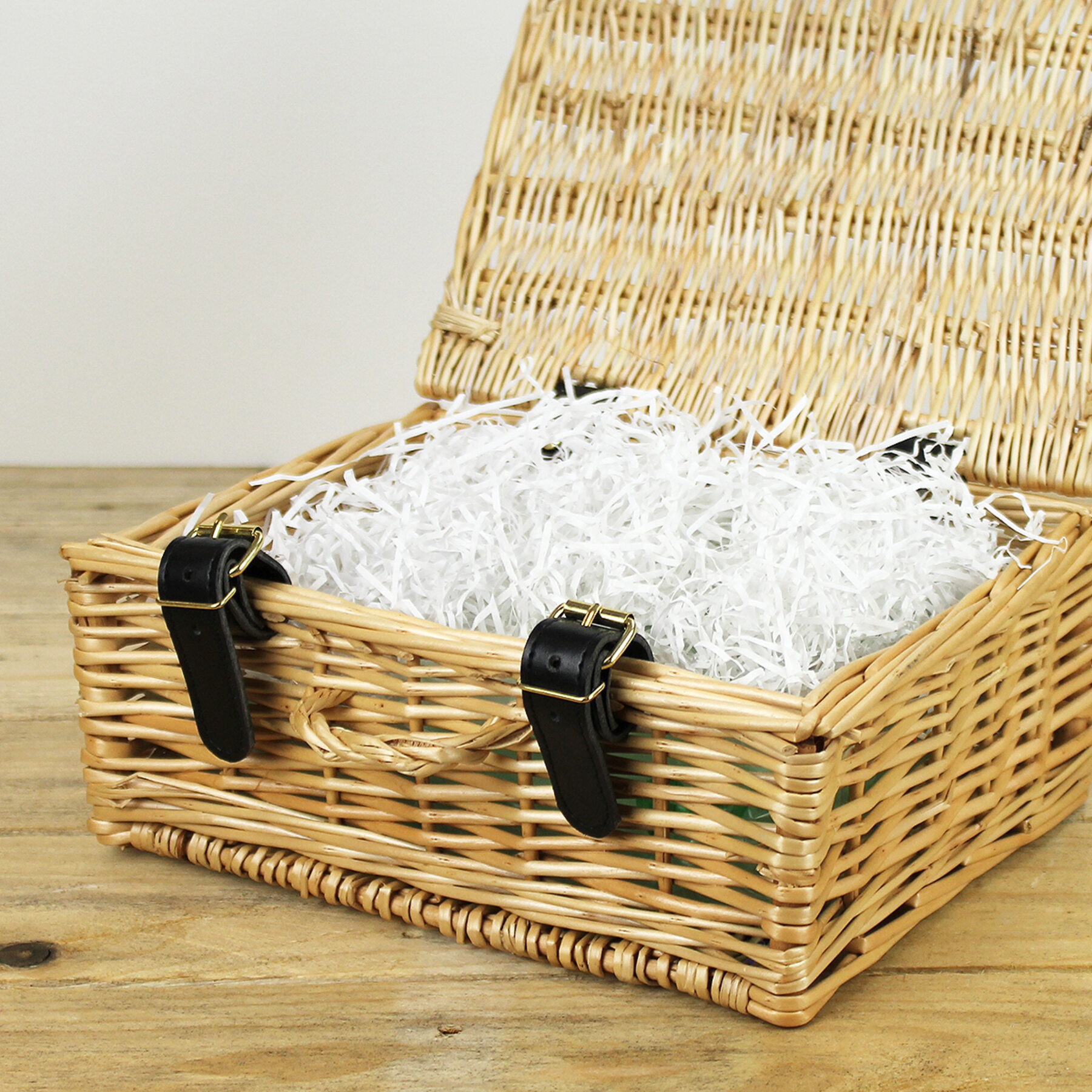 Natural Wicker Hamper Basket - Open with white shredded paper