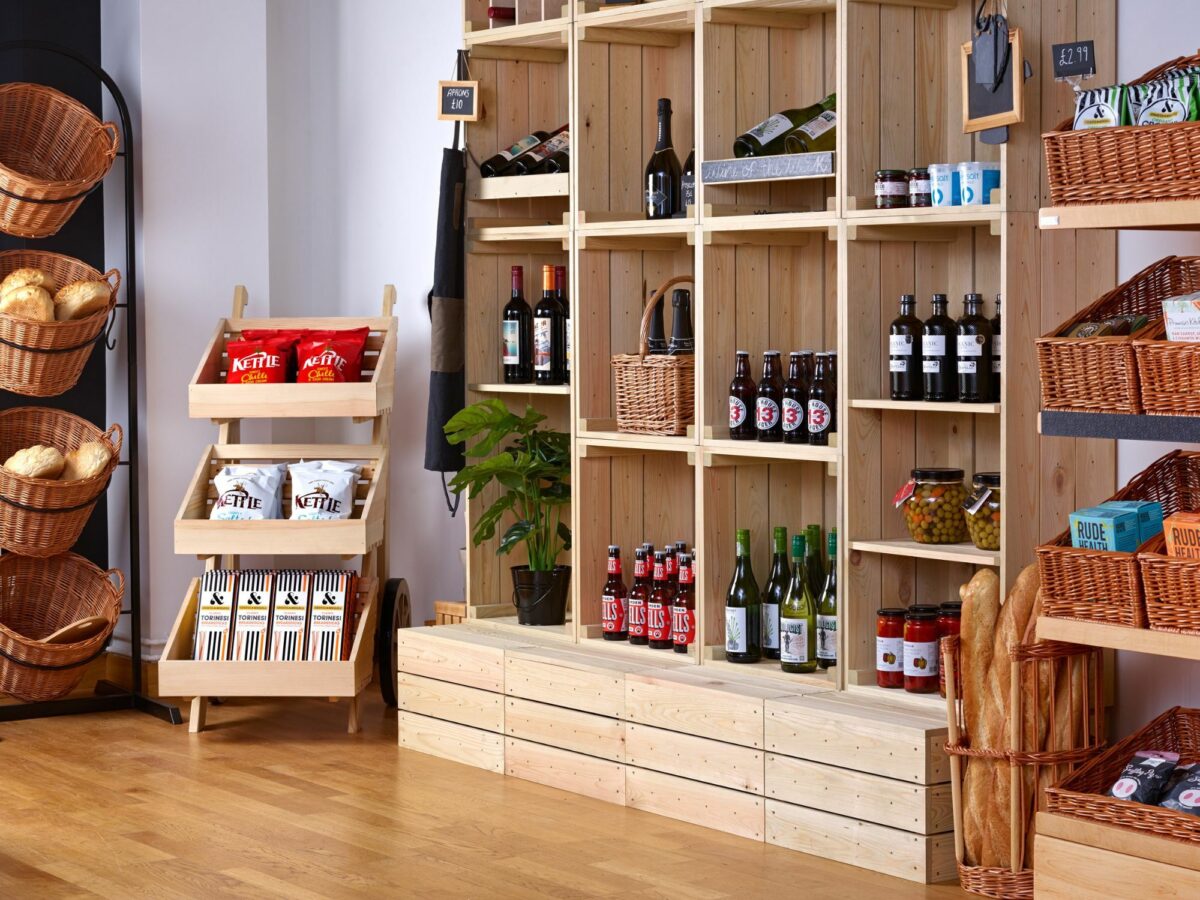 Retail store display with wooden and metal stands