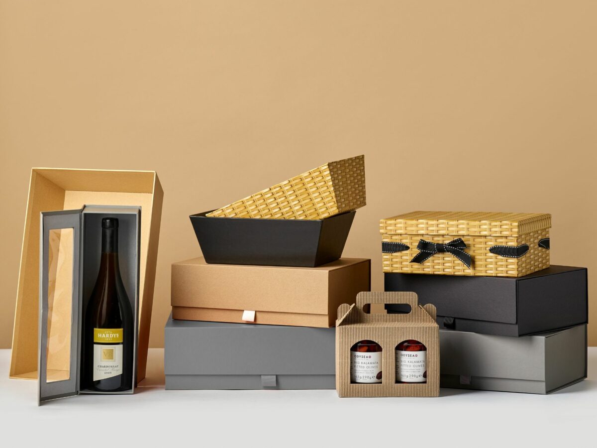 Selection of cardboard gift hampers and trays