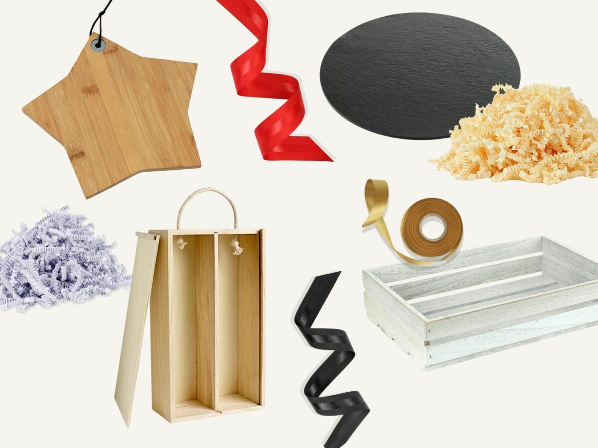alternative gift packaging ideas including wooden hampers and slate boards