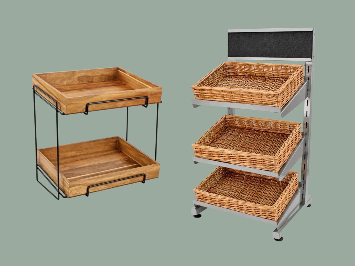 Two display stands, one freestanding size and the other a counter top display size