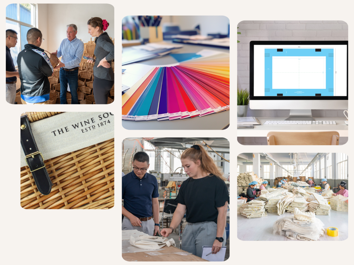 Collage of images including bespoke wicker hamper, colour charts, design on a computer and more