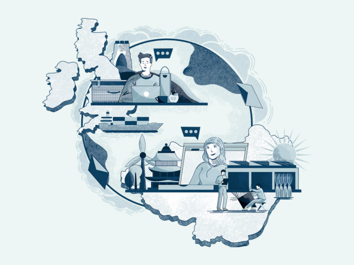 A illustration of a man and a woman talking about logistics over the phone.