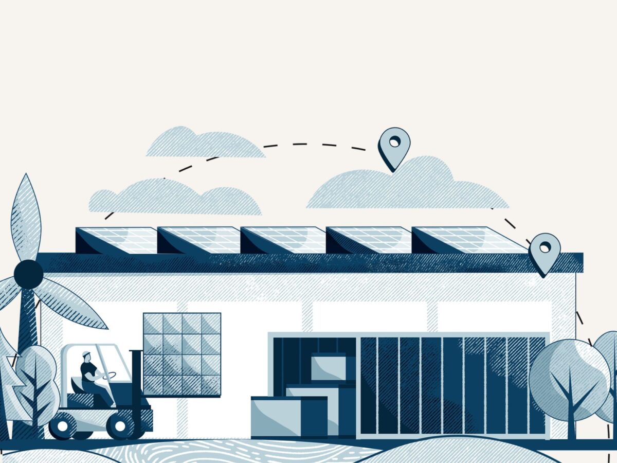 Graphic of a fork lift and warehouse to show logistics at a company