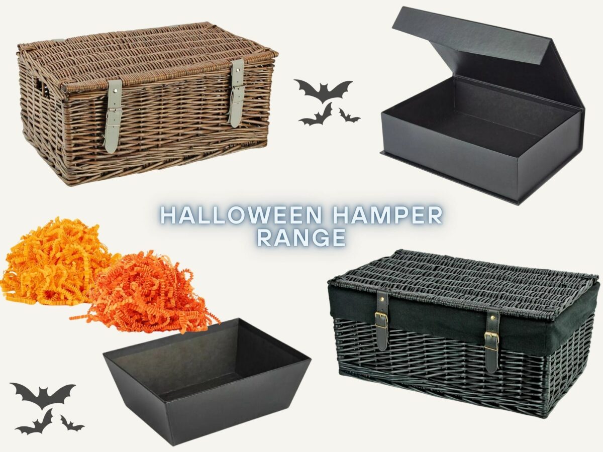 A variety of hamper gift baskets, hamper trays and void fill to create filled Halloween hampers