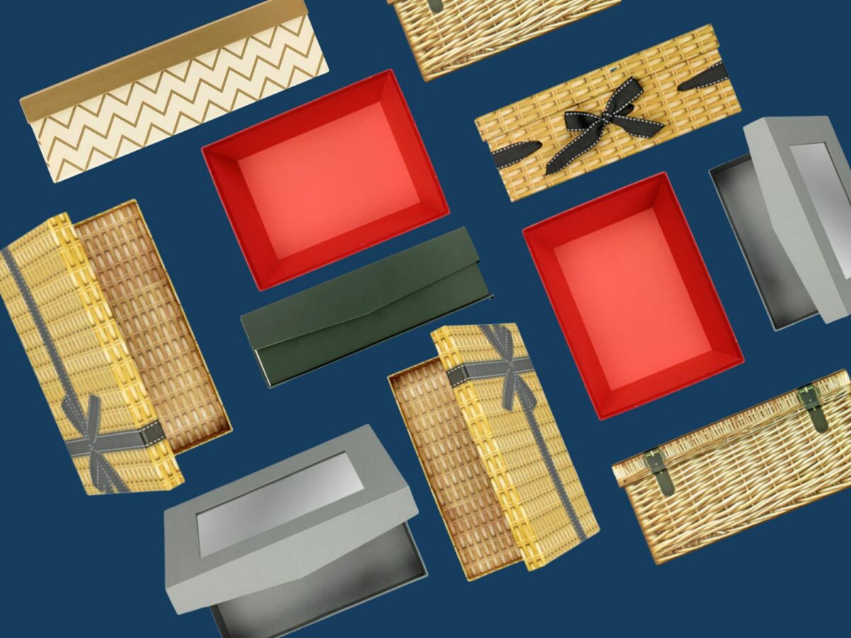 Collection of cardboard hampers, trays and wine boxes