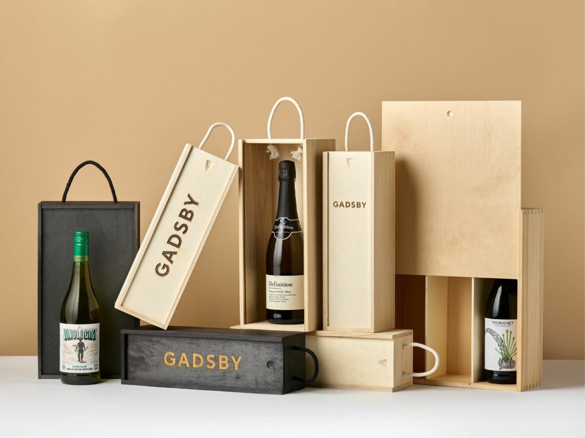 Selection of wooden hamper boxes with laser engraving