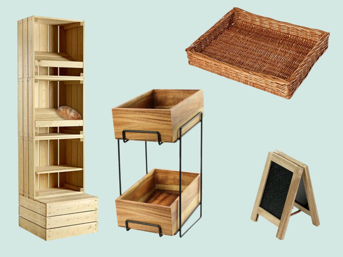 A selection of cratewall, retail display baskets, chalkboard signage and retail counter display for retail environments