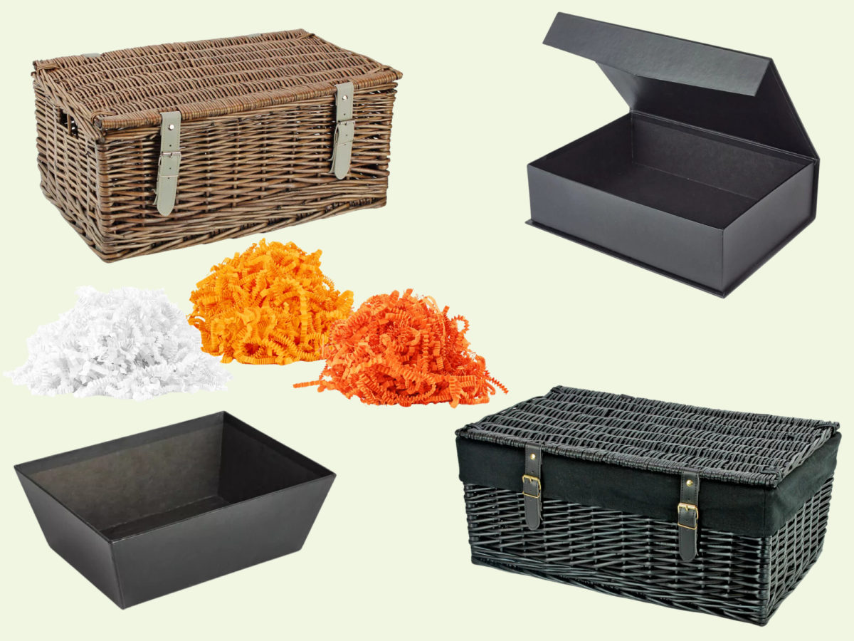 Halloween gifting range including black wicker hampers and black cardboard hamper trays