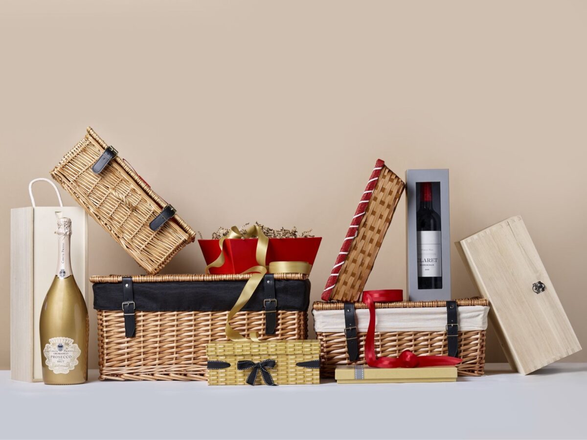 Selection of hampers and boxes that help create luxury filled winter gift hampers
