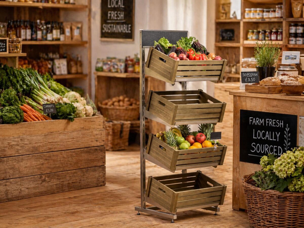A farm shop setting with a metal display stand and wooden crates showing produce as the main focus