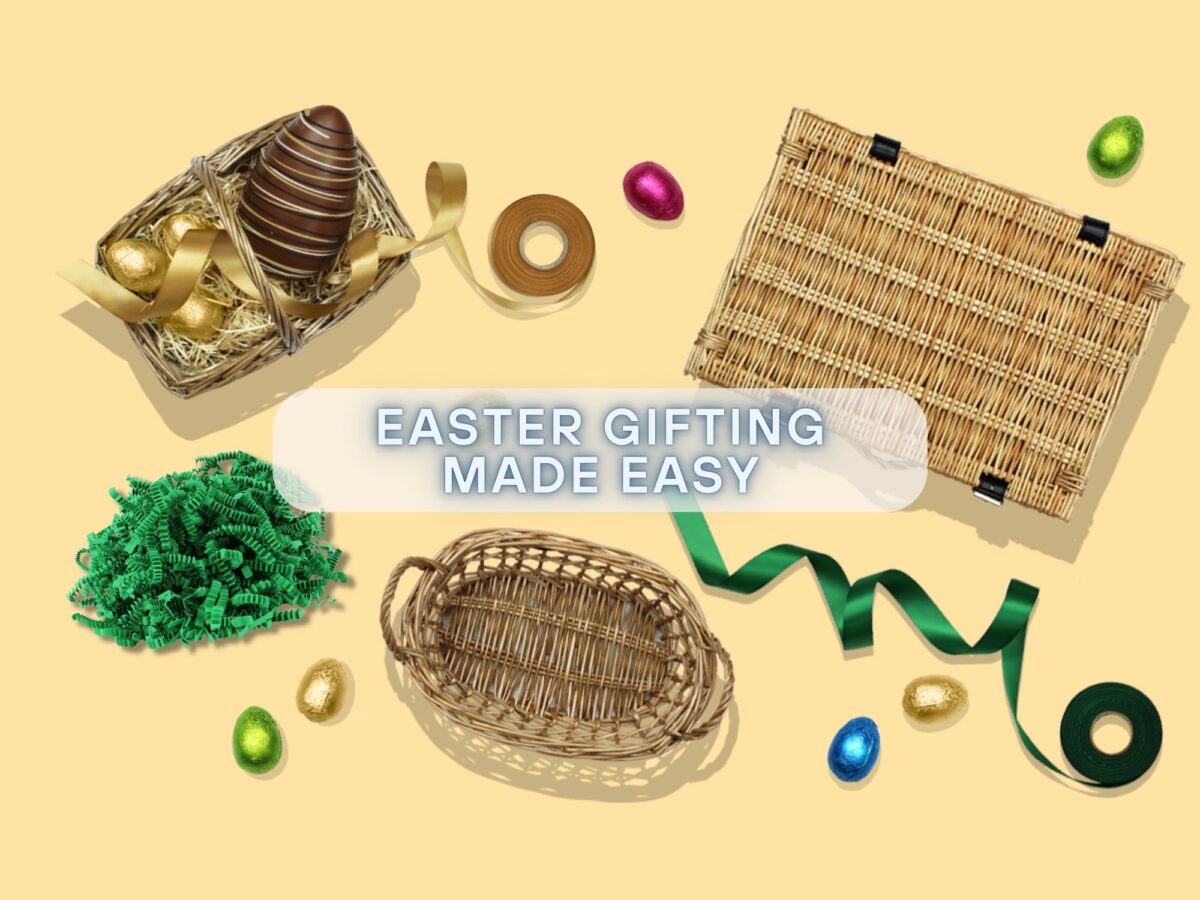 Easter gifting made easy with Gadsby, a selection of wicker hampers, trays, shred and ribbon.