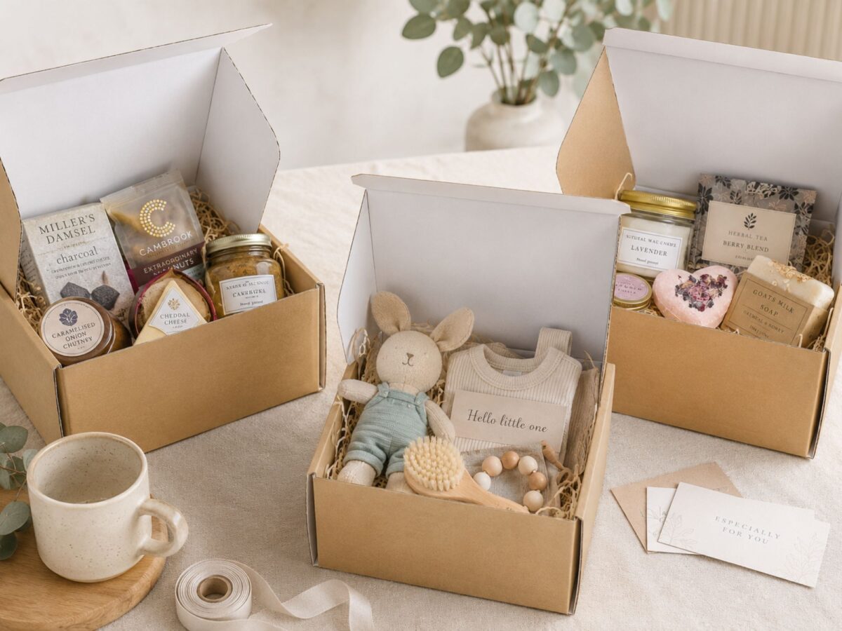 Selection of three cardboard ecommerce boxes filled with various products inside for different hamper types including new baby hamper, pamper hamper, and foodie hamper
