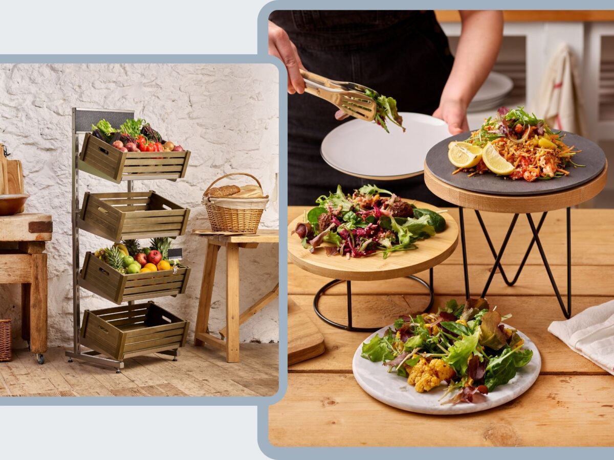 Metal display stand with wooden crates showcasing products for customers