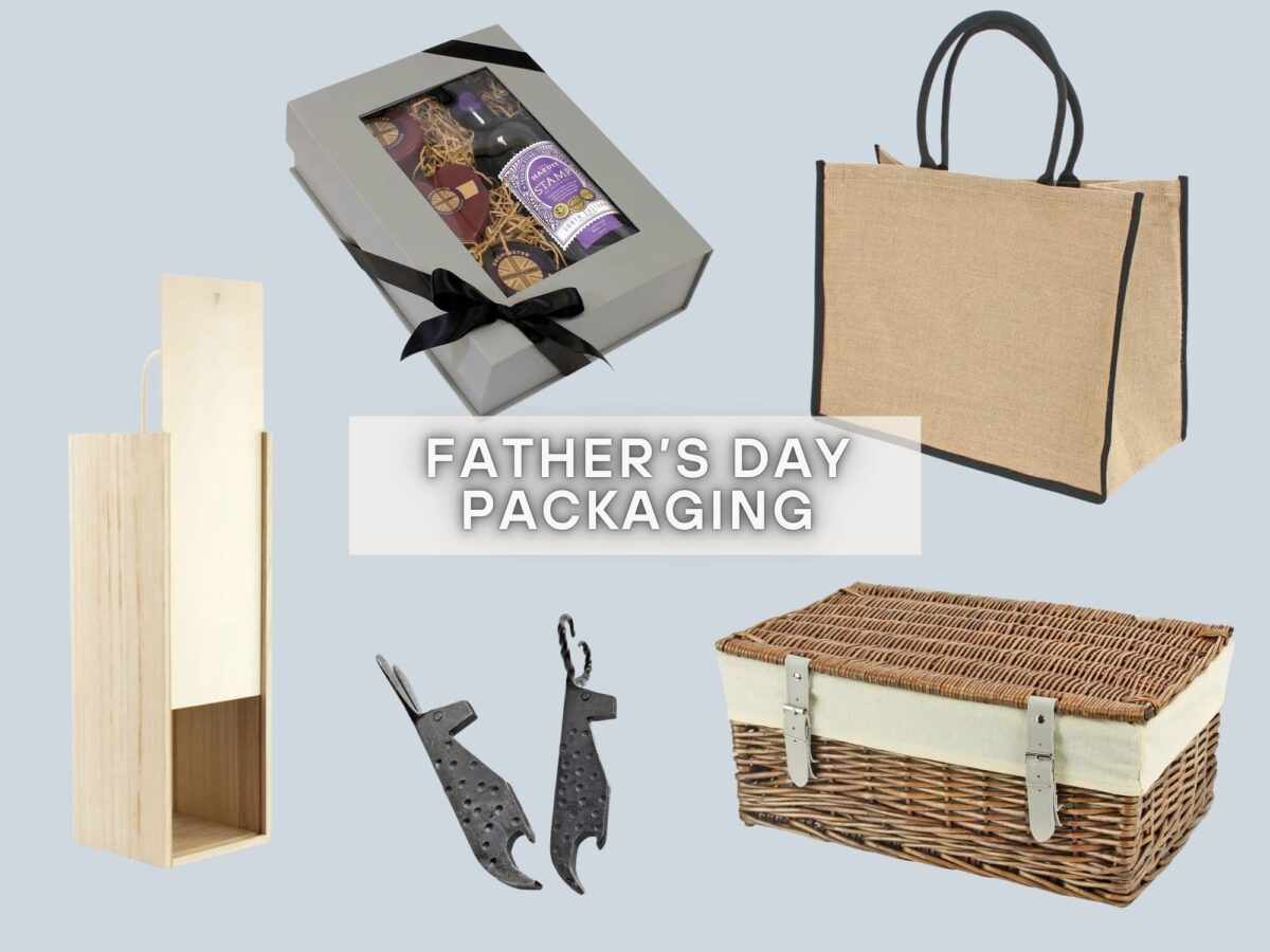 Father's Day gifting range including wooden bottle boxes, cardboard gift boxes and wicker hamper baskets