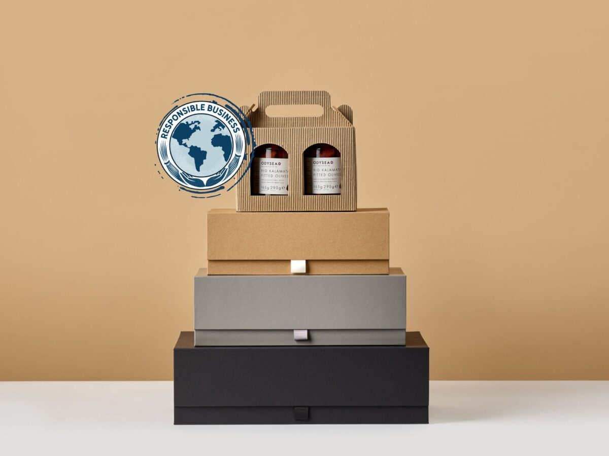 Selection of cardboard gift boxes and jar boxes with a stamp stating 'responsible business'