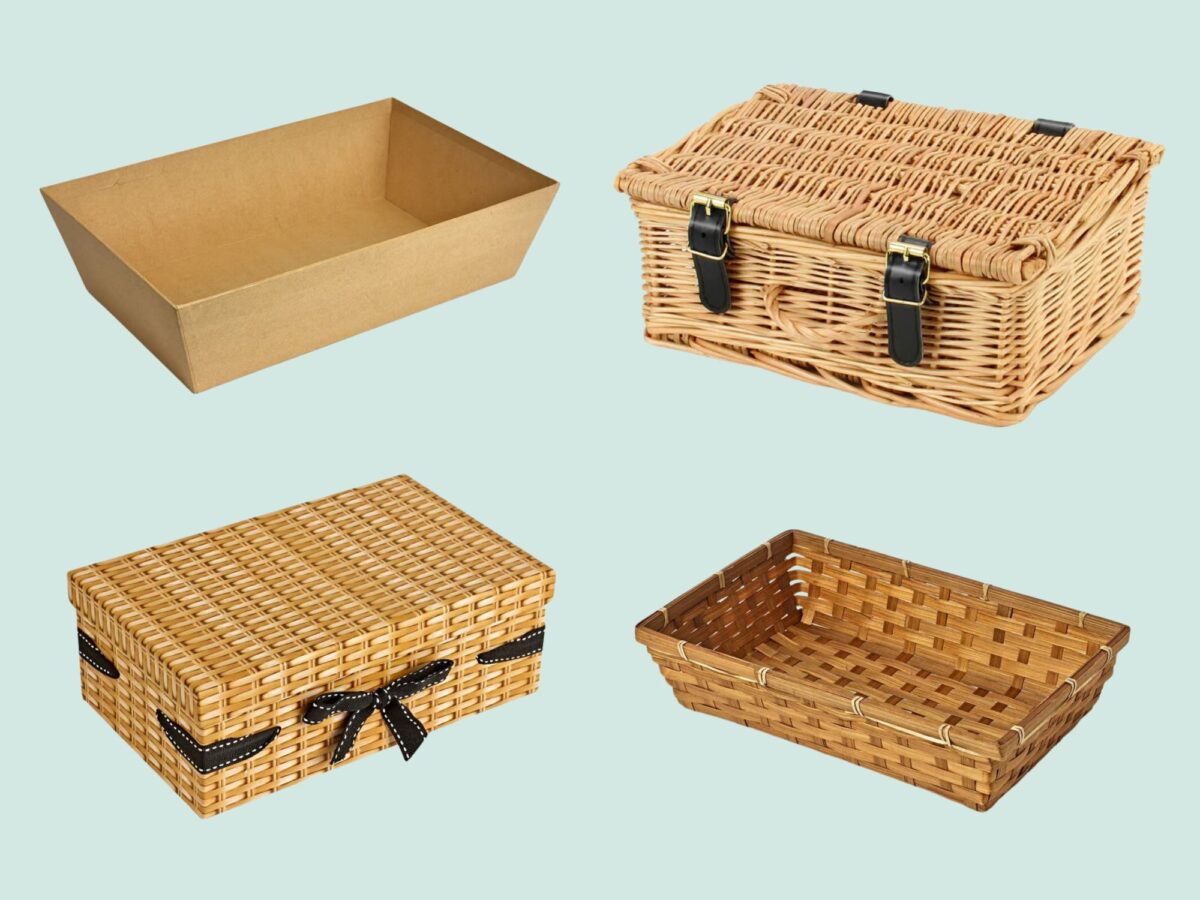 A wicker hamper basket, small card hamper box in wicker print, 10 inch hamper and card hamper tray