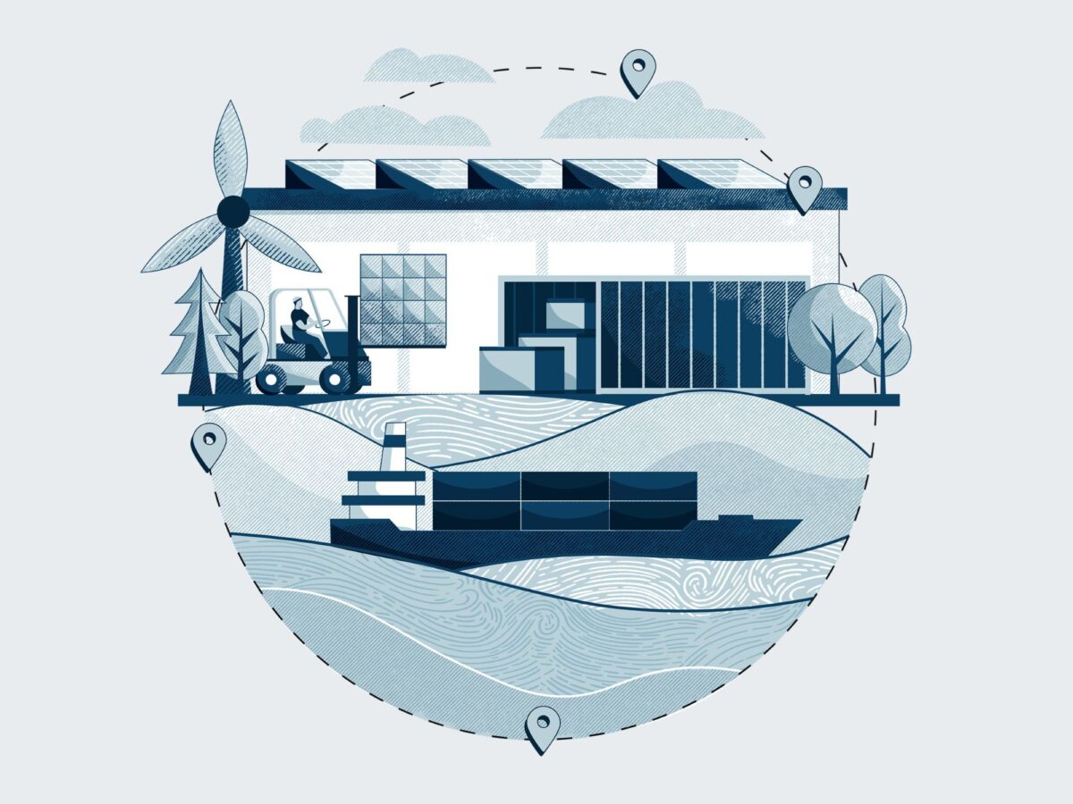 Illustration depicting a supply chain including the logistics of a company using gift packaging