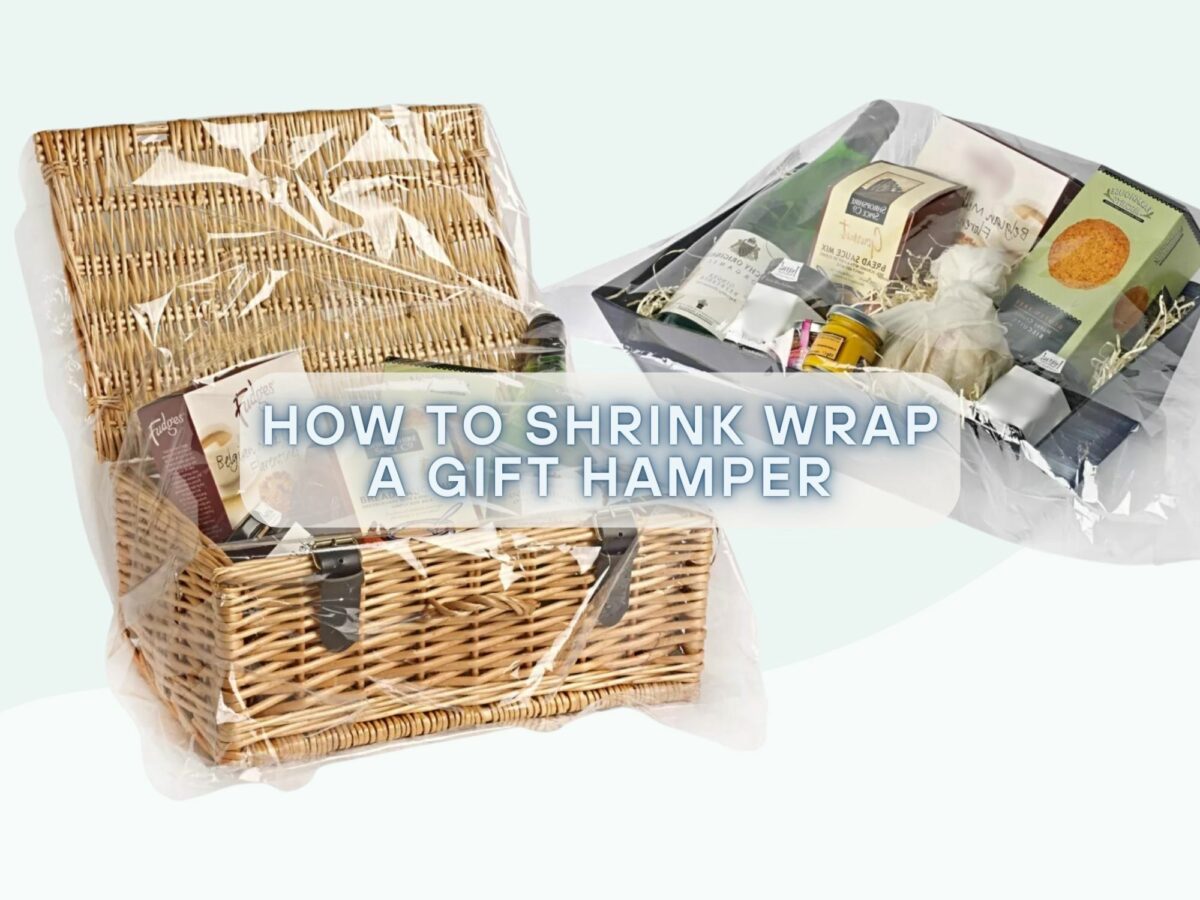 A wicker hamper and card hamper shrink wrapped with contents on show