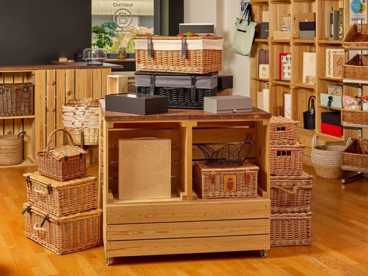 Selection of hampers and other gift packaging in a retail setting