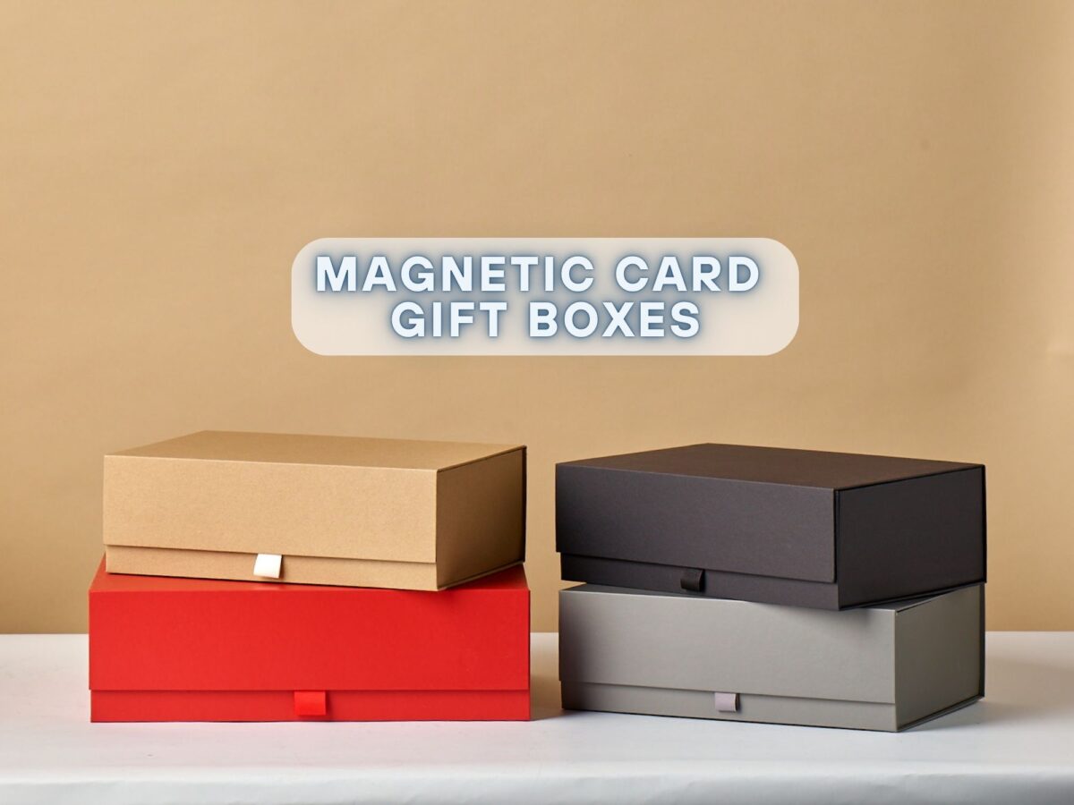 Magnetic gift boxes in red, kraft, black and grey
