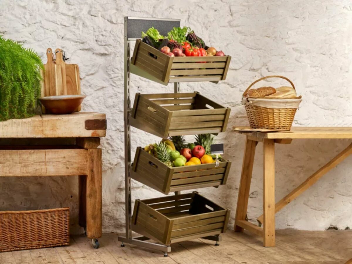 metal displays stands in a farm shop setting