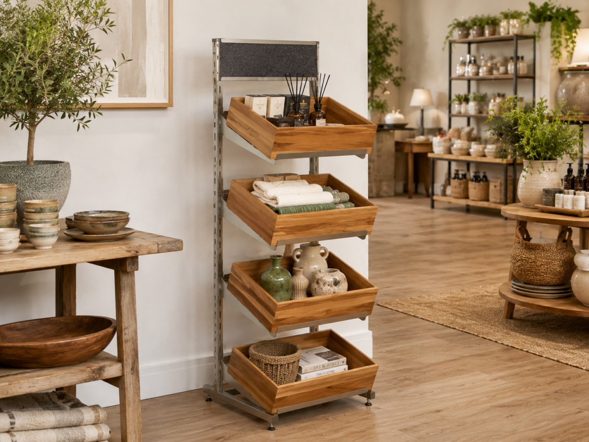 A metal shelving unit with four wooden bins. The top bin holds diffuser bottles and boxes. The second bin has folded towels. The third bin contains decorative vases and bottles. The bottom bin holds a basket and two books, one titled "LIVE BEAUTIFUL".