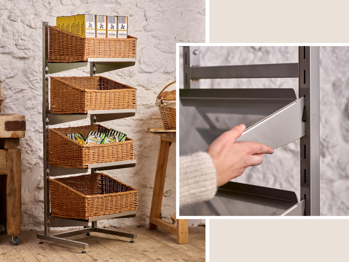 Two images of different sized metal display stands, one shows the stand in a retail space with baskets on the shelves whilst the other shows a woman fixing a shelf onto an empty metal stand