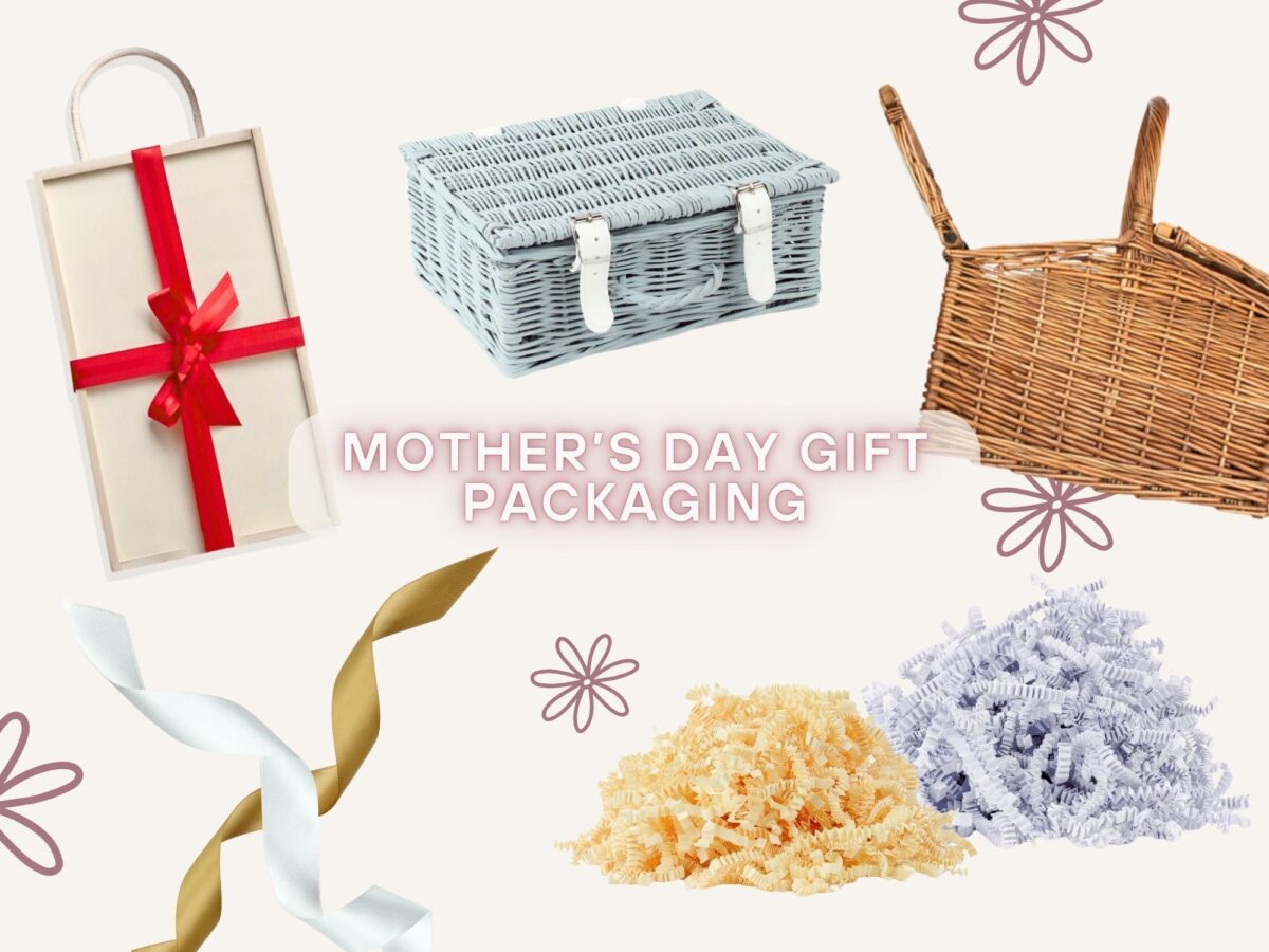 Packaging including wicker hampers, wooden bottle boxes, shredded paper and satin ribbon