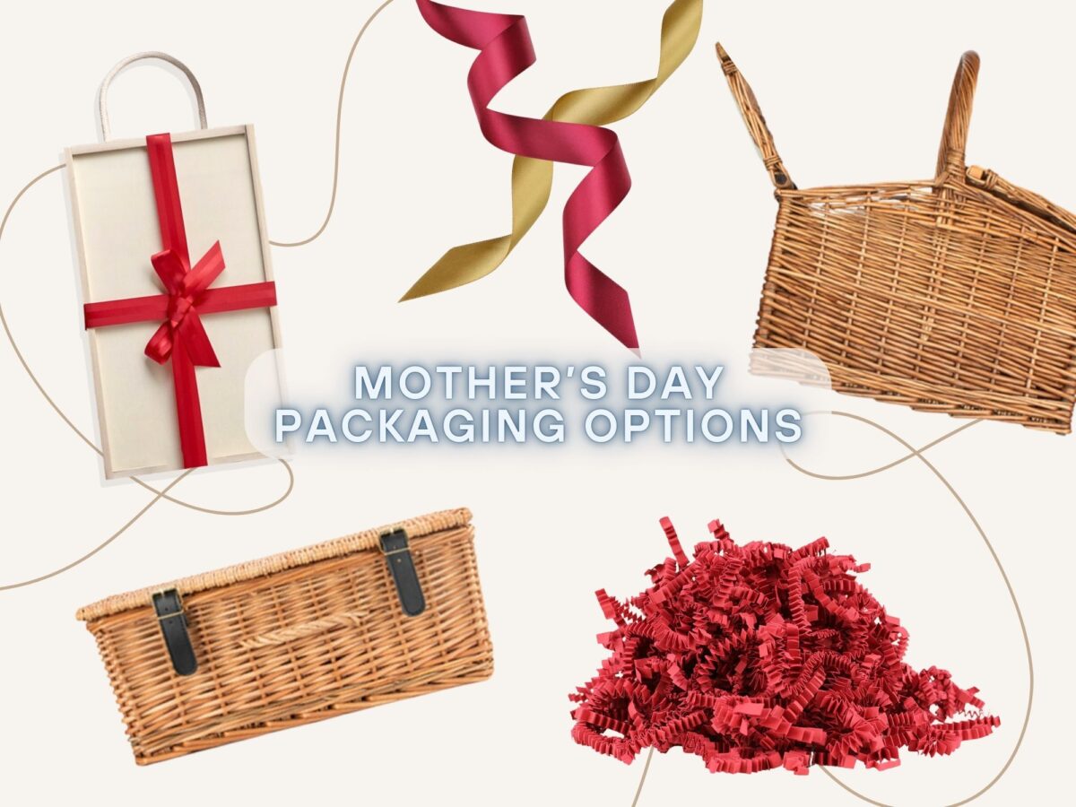 Mother's Day packaging options including red shredded paper, small wicker hamper, red and gold ribbon.