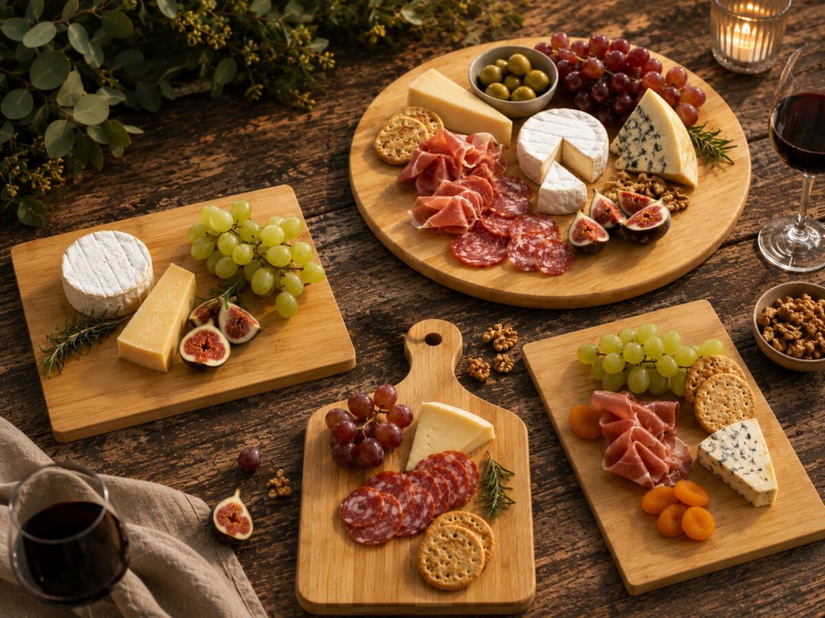 Selection of wooden bamboo boards on a table with cheese and charcuterie laid on top plus glasses of wine