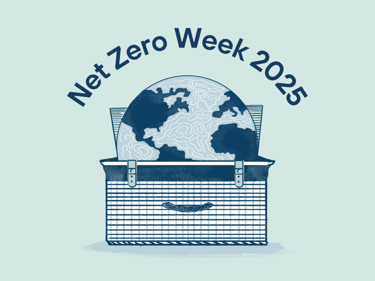 A globe in a hamper graphic with Net zero week 2025 written above