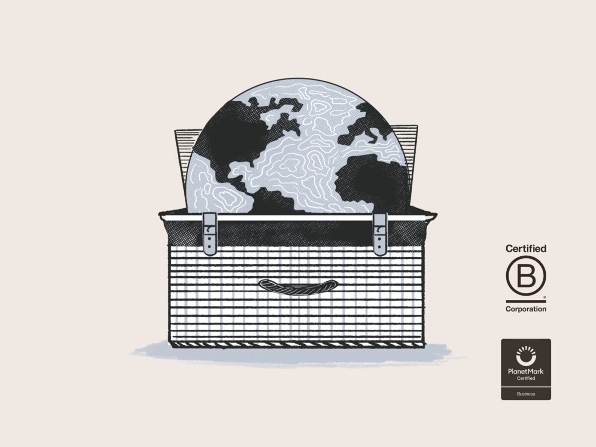Certified B Corporation logo and Planet Mark Certified Business logo next to an illustration of a globe in a picnic basket