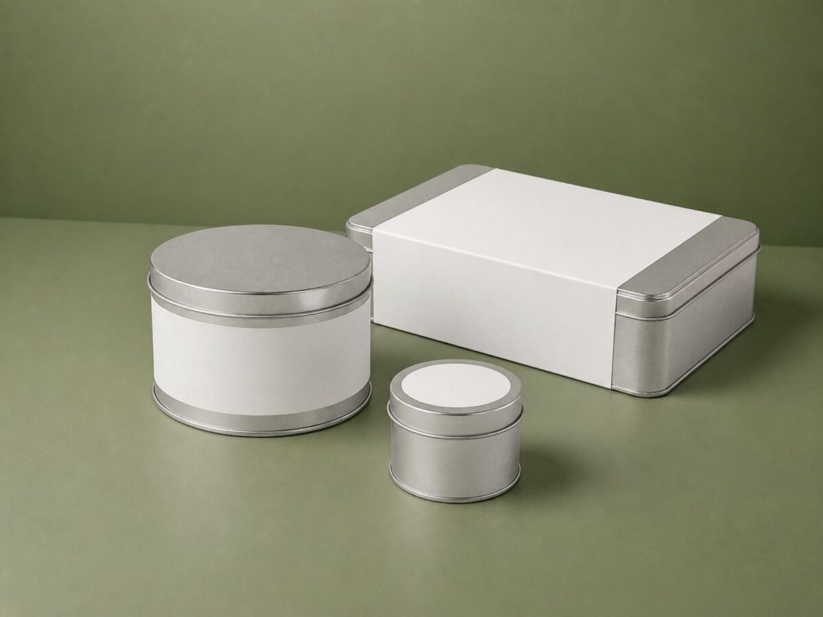 Selection of metal tins designed for gift packaging ranges on a green background