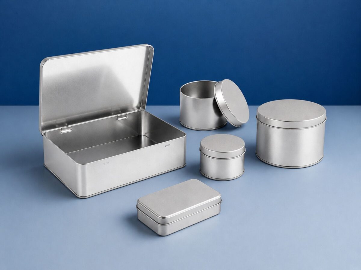 Selection of metal tins on a dark blue background