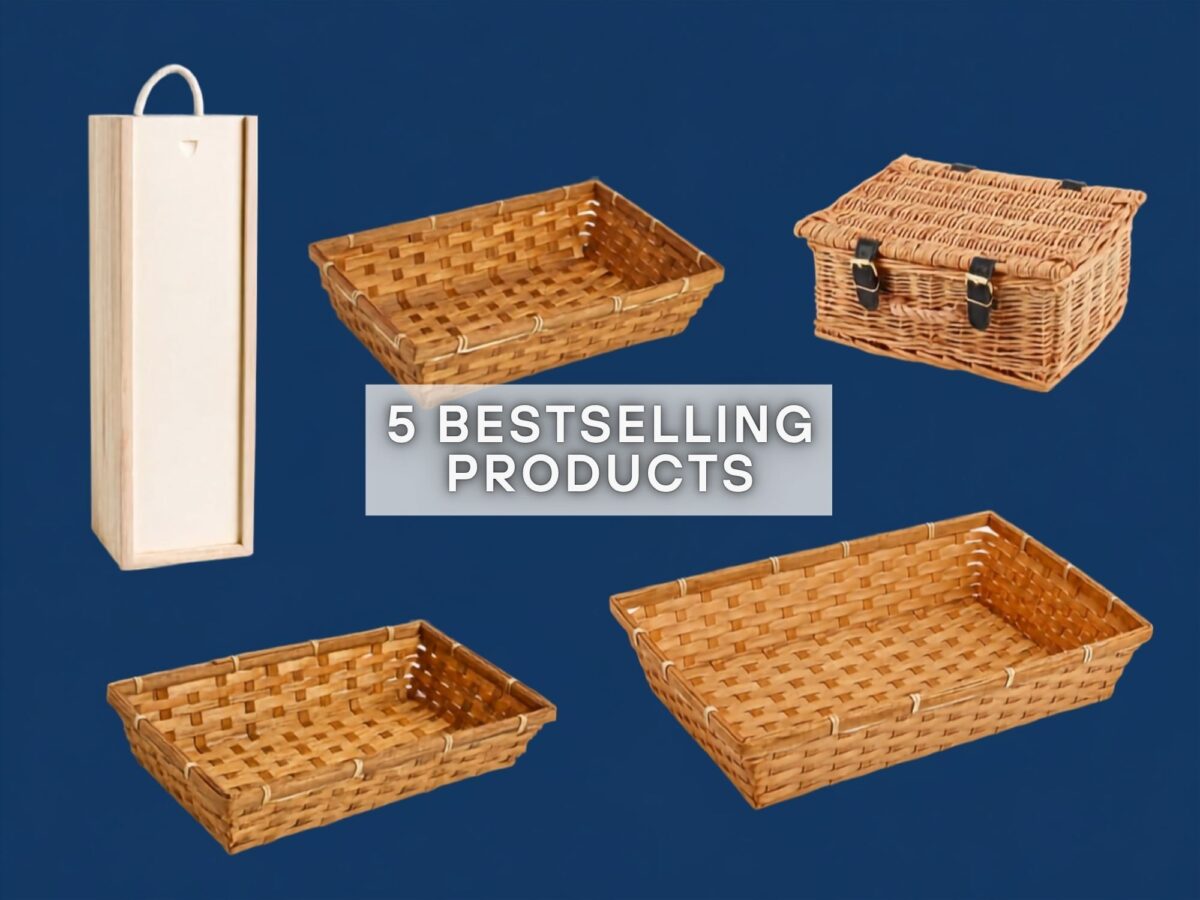 Selection of hampers including bamboo trays, a wooden bottle box, and 10 inch wicker hamper basket