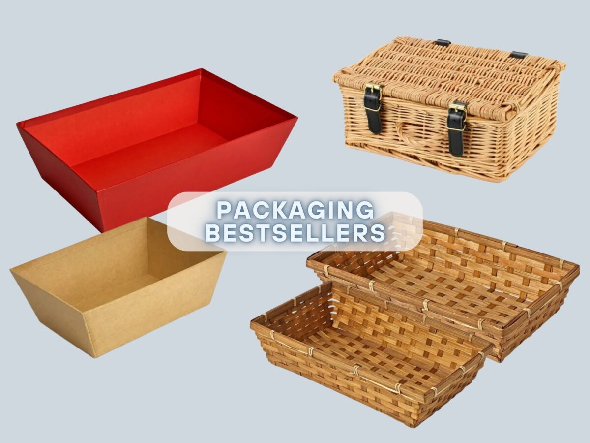 Our top 5 packaging bestsellers including red cardboard tray, bamboo trays, manilla tray and 10 inch wicker hamper basket