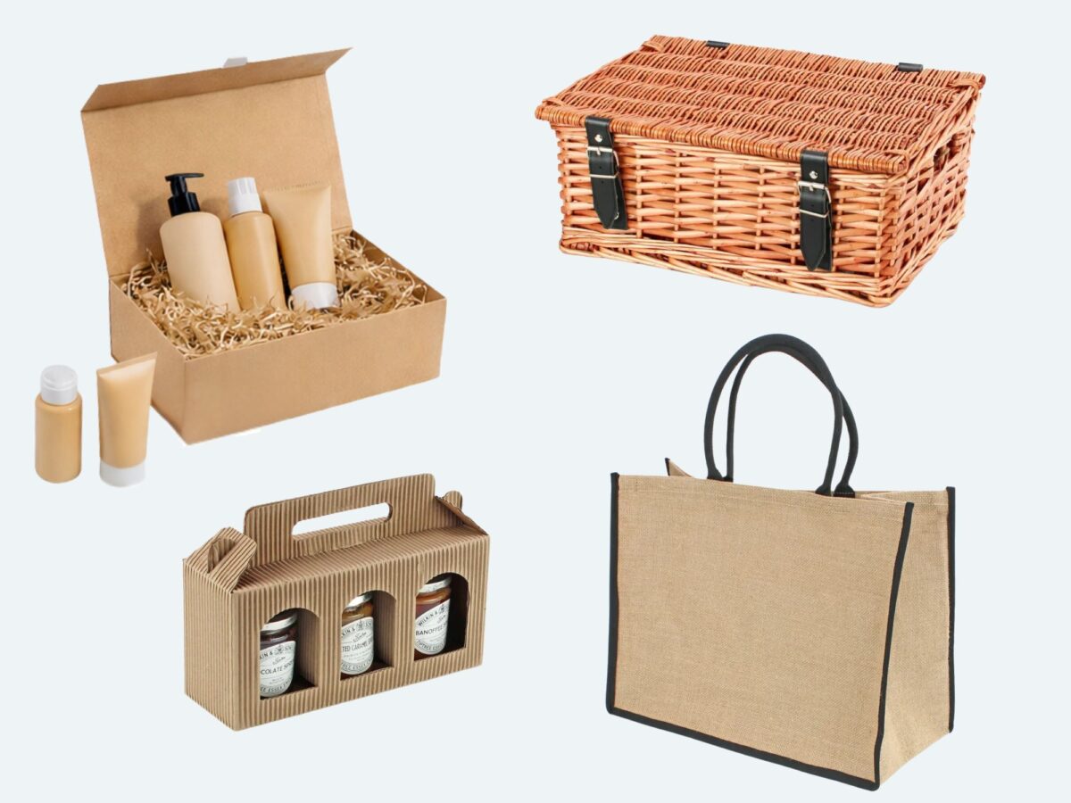 Selection of packaging essentials for seasonal gifting including wicker baskets, card boxes and trays