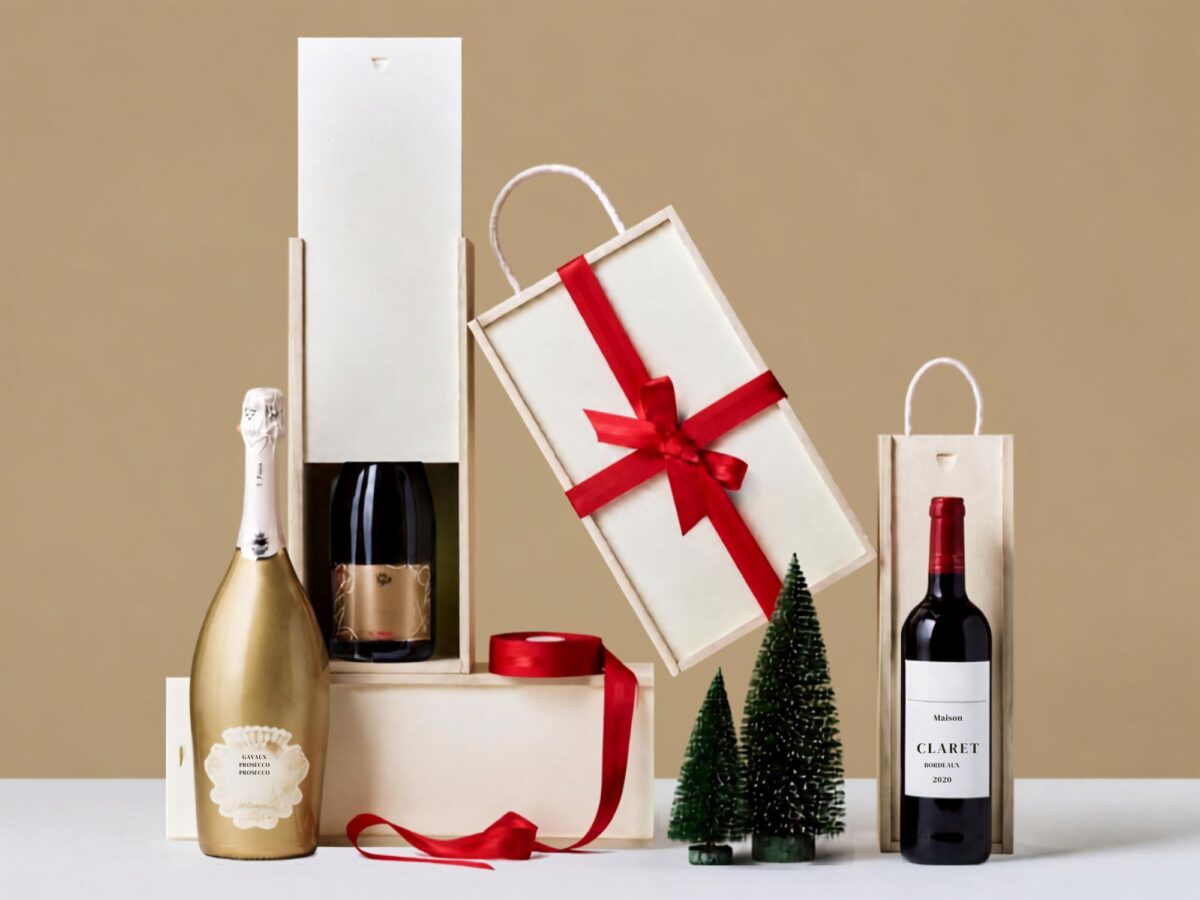 Selection of natural wooden bottle boxes stacked up randomly with red ribbon