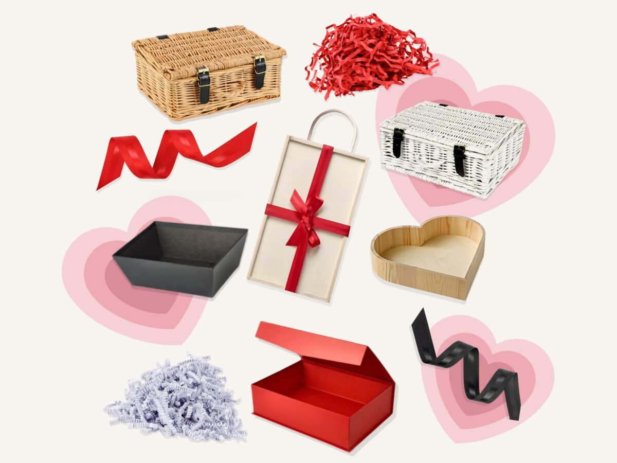 A selection of gift hampers, gift boxes, gift trays and ribbon to create Valentine's Day hampers
