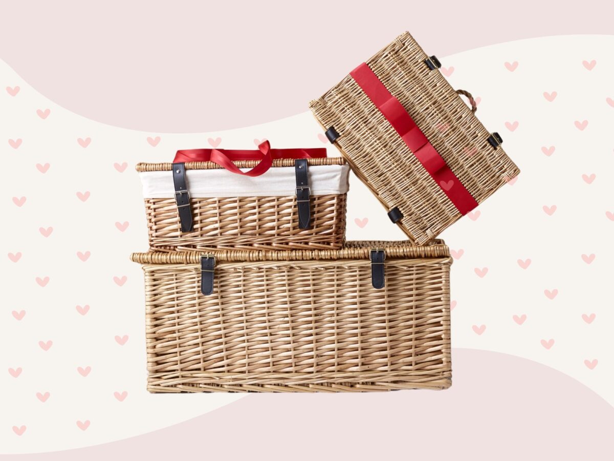 Valentine's day gift hampers with red ribbon and neutral liners