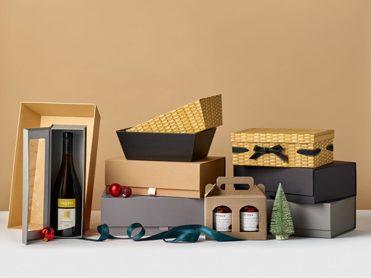 Variety of different hampers including cardboard trays, gift boxes and bottle boxes