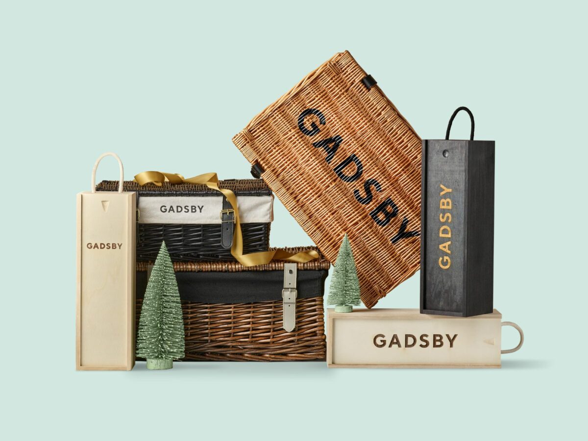 Quick branding options from Gadsby including hamper lid stencilling, wooden wine bottle laser engraving and hamper liner printing