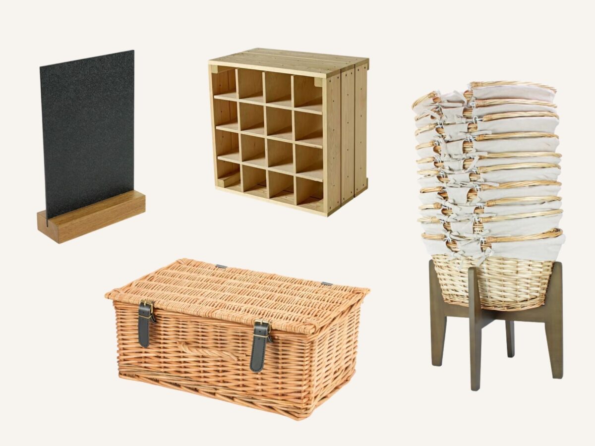 Metal display stands, wicker hamper baskets, chalkboard signage, wicker shopping baskets to elevate your retail display