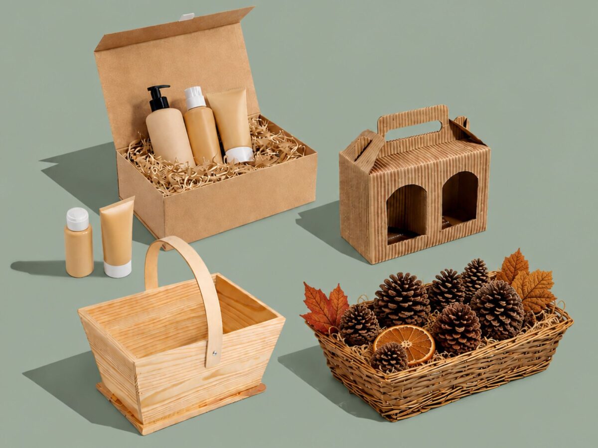 Selection of wooden and cardboard hampers for autumn, one tray shows a selection of pine cones