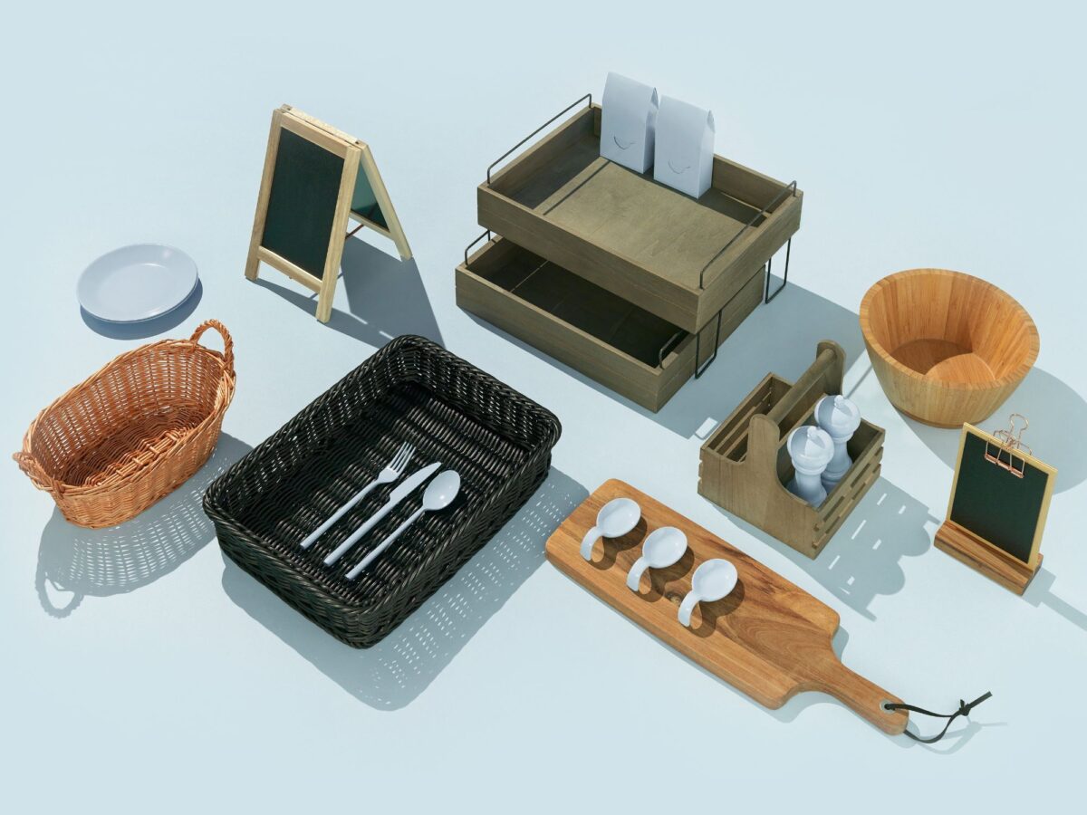 Selection of retail products including display baskets, crates and other display items