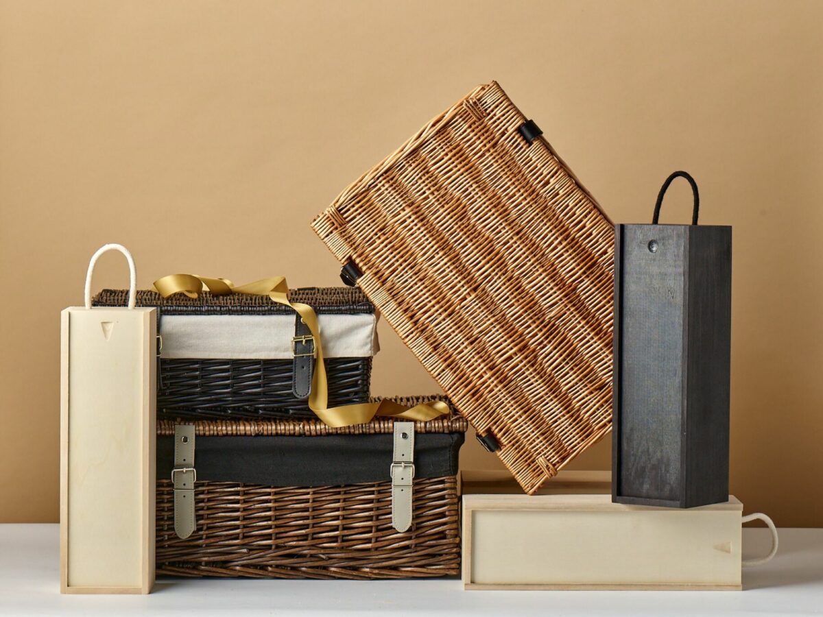 Stack of hampers and bottle boxes for a Christmas retail display