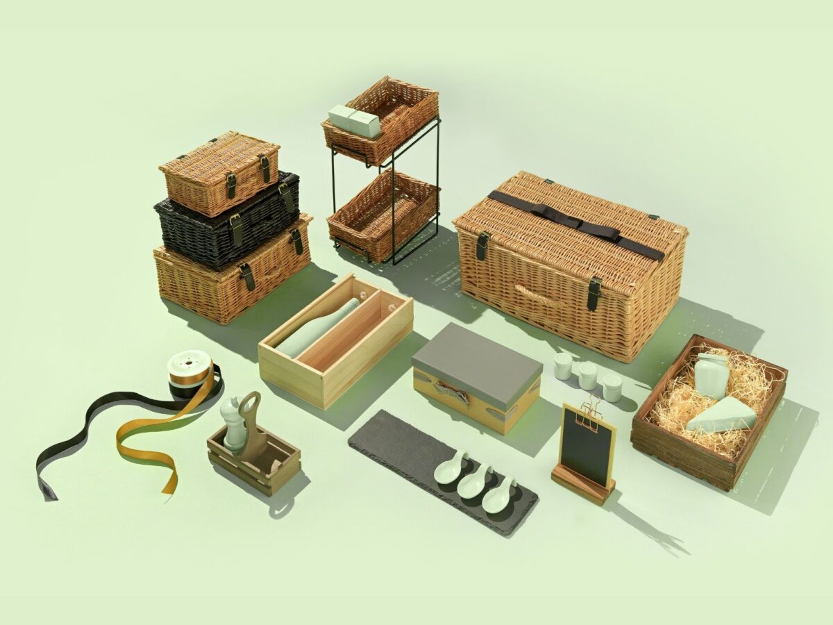 Collection of different gift packaging including cardboard hamper boxes and wicker hamper baskets